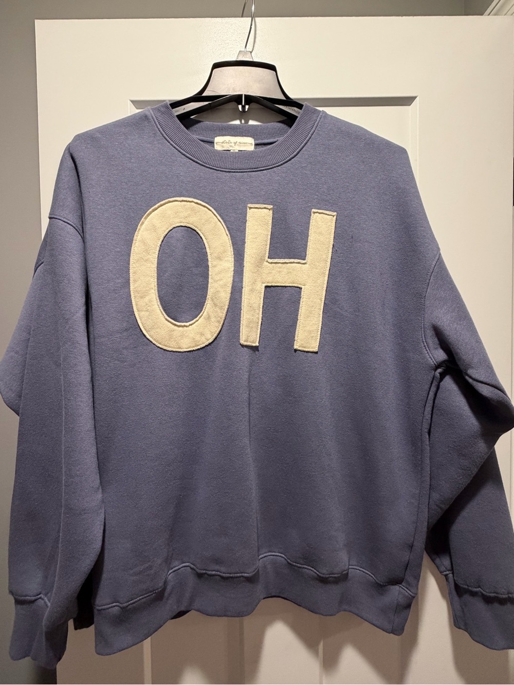 Blue Crewneck Sweatshirt with Cream 'OH' Applique